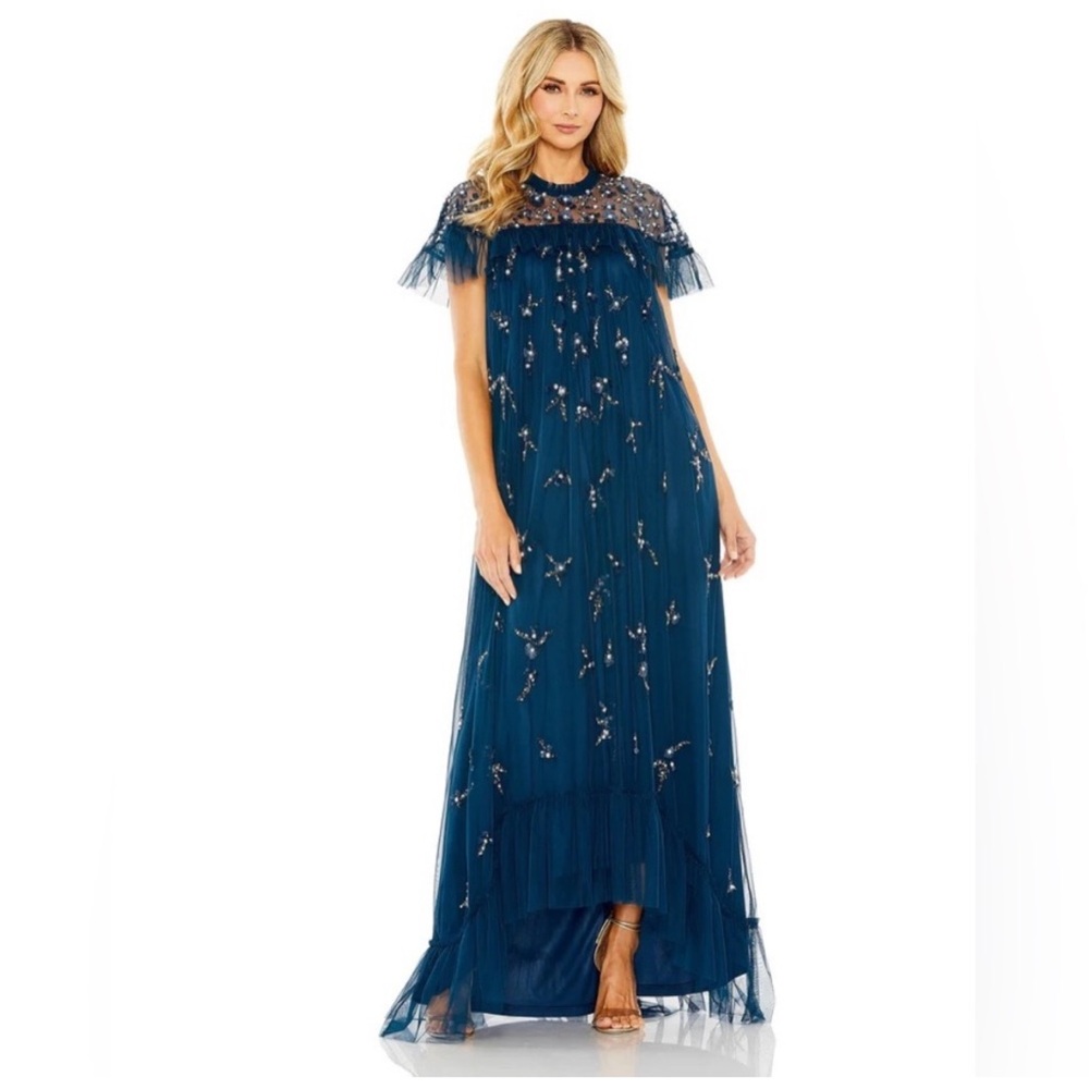 NWT Mac Duggal Ocean Blue Fully Embellished Ruffle Tiered Maxi Dress Size 16